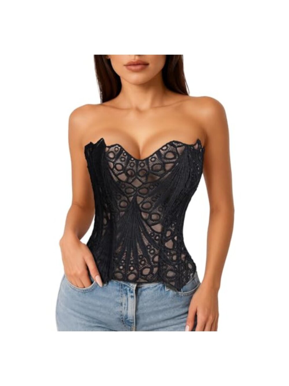 Sheer Floral Lace Corset Top Overbust Bustier Cincher Cutout Boned